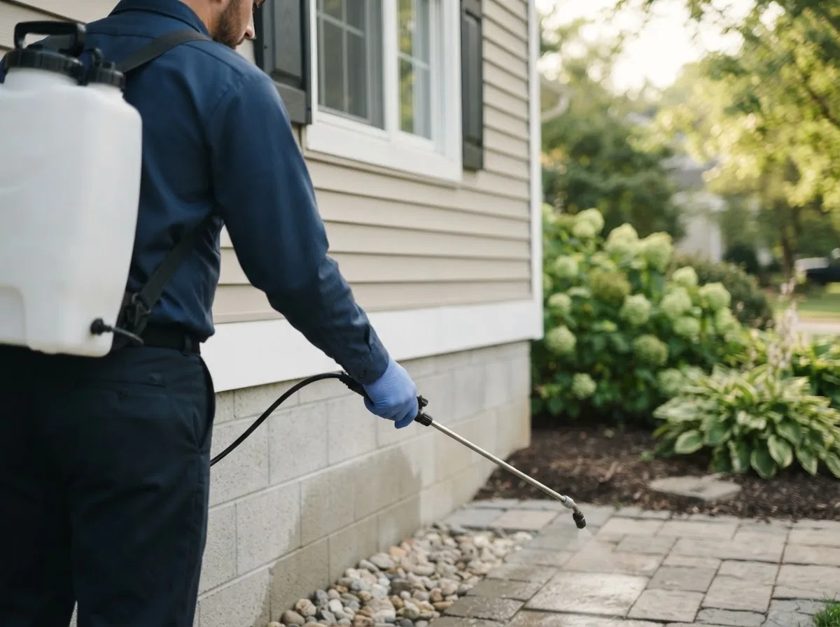 Pest control technician inspecting a home in Comstock, NY